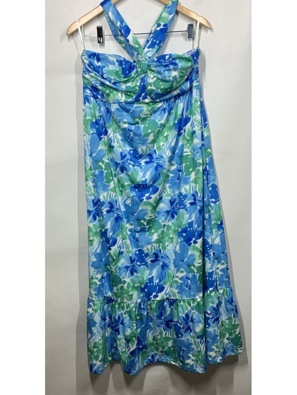 GRACE KARIN Halterneck Sleeveless Boho Flowy Ruffle Beach Dress Blue/Green Large